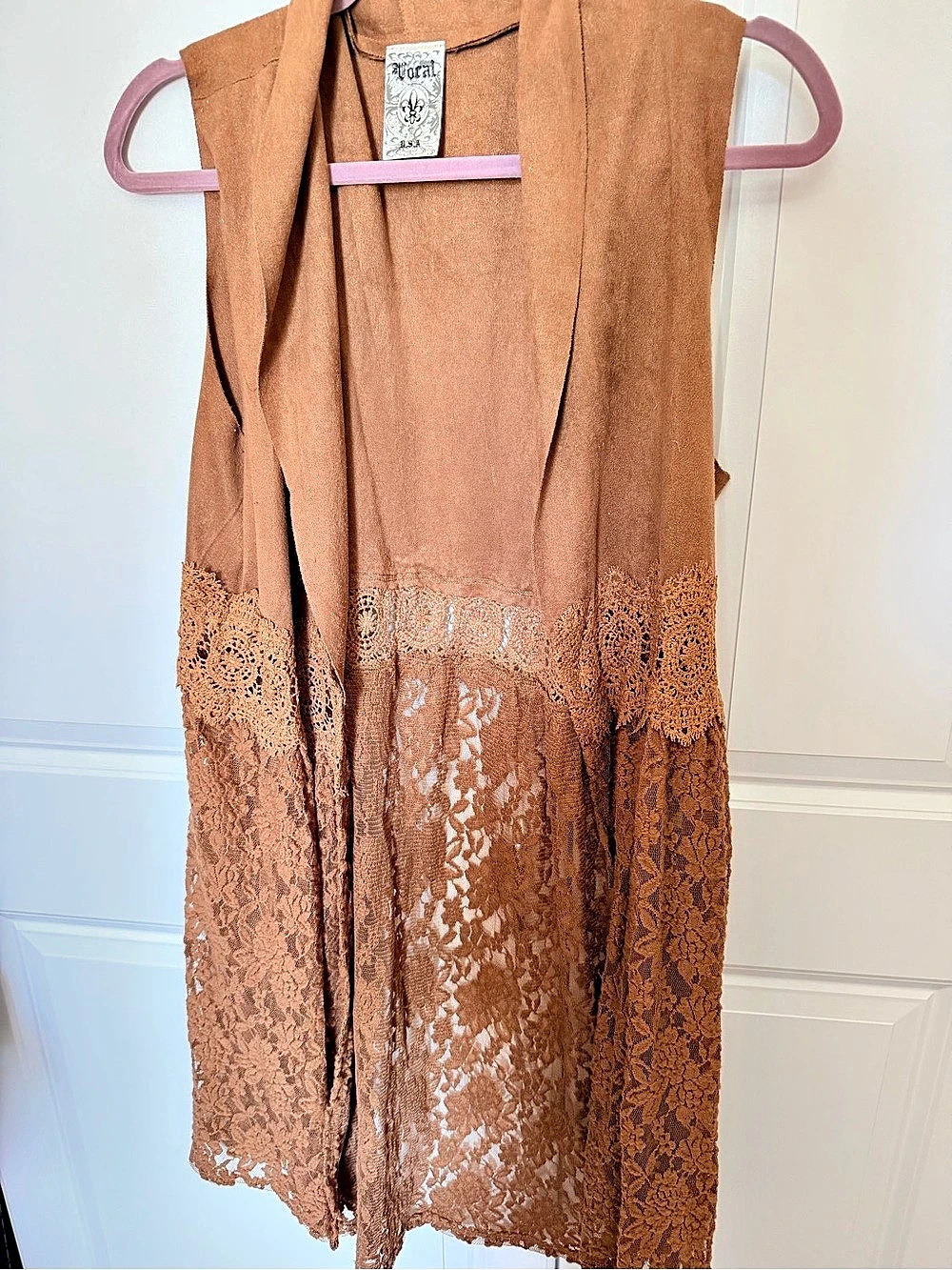 Vocal Suede and Lace Vest Cardigan Lace Tunic Brown Large